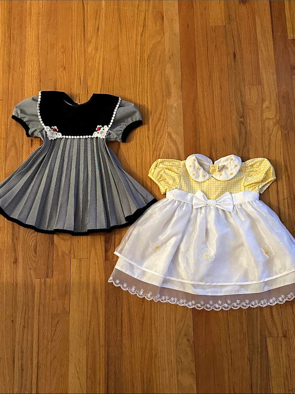 Yellow White Gingham Baby Dress with Bow & Black Houndstooth Velour Dress 24 Mo